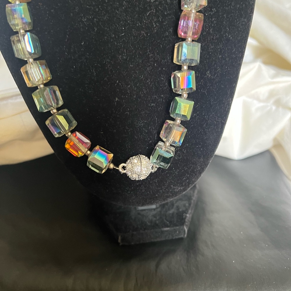 Iridescent Cube Bead Necklace with Silver magnetic Clasp